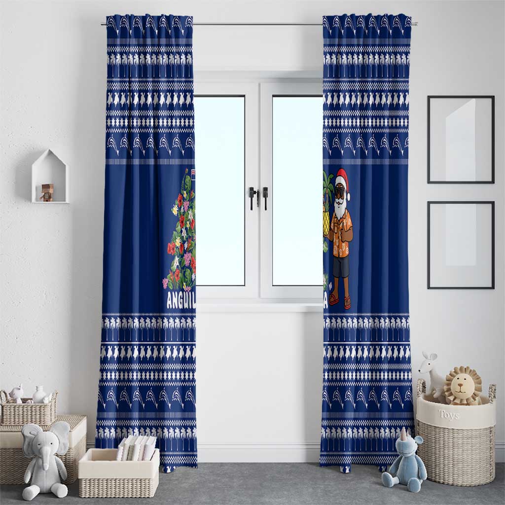 Anguilla Christmas Window Curtain with Santa Pineapple Floral Tree Island Crest and Tropical Pattern Design - Wonder Print Shop