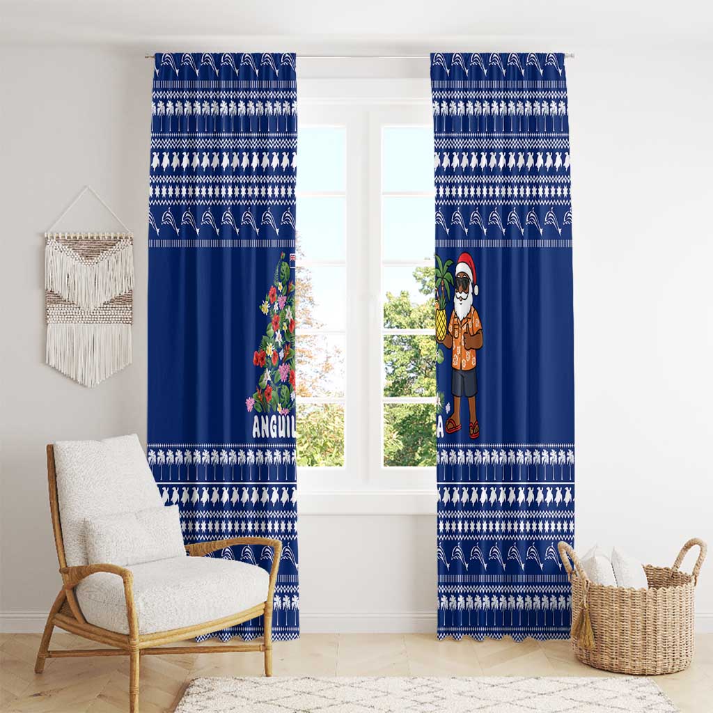 Anguilla Christmas Window Curtain with Santa Pineapple Floral Tree Island Crest and Tropical Pattern Design - Wonder Print Shop