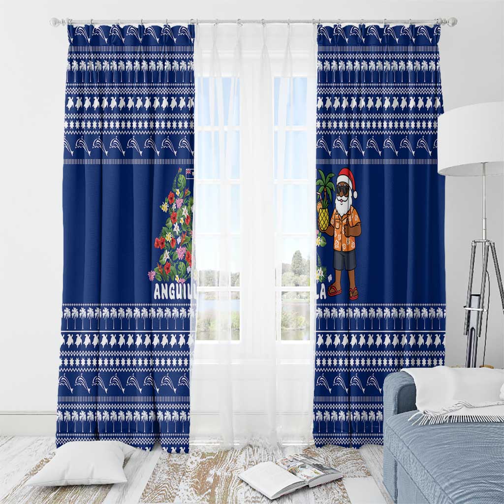 Anguilla Christmas Window Curtain with Santa Pineapple Floral Tree Island Crest and Tropical Pattern Design - Wonder Print Shop