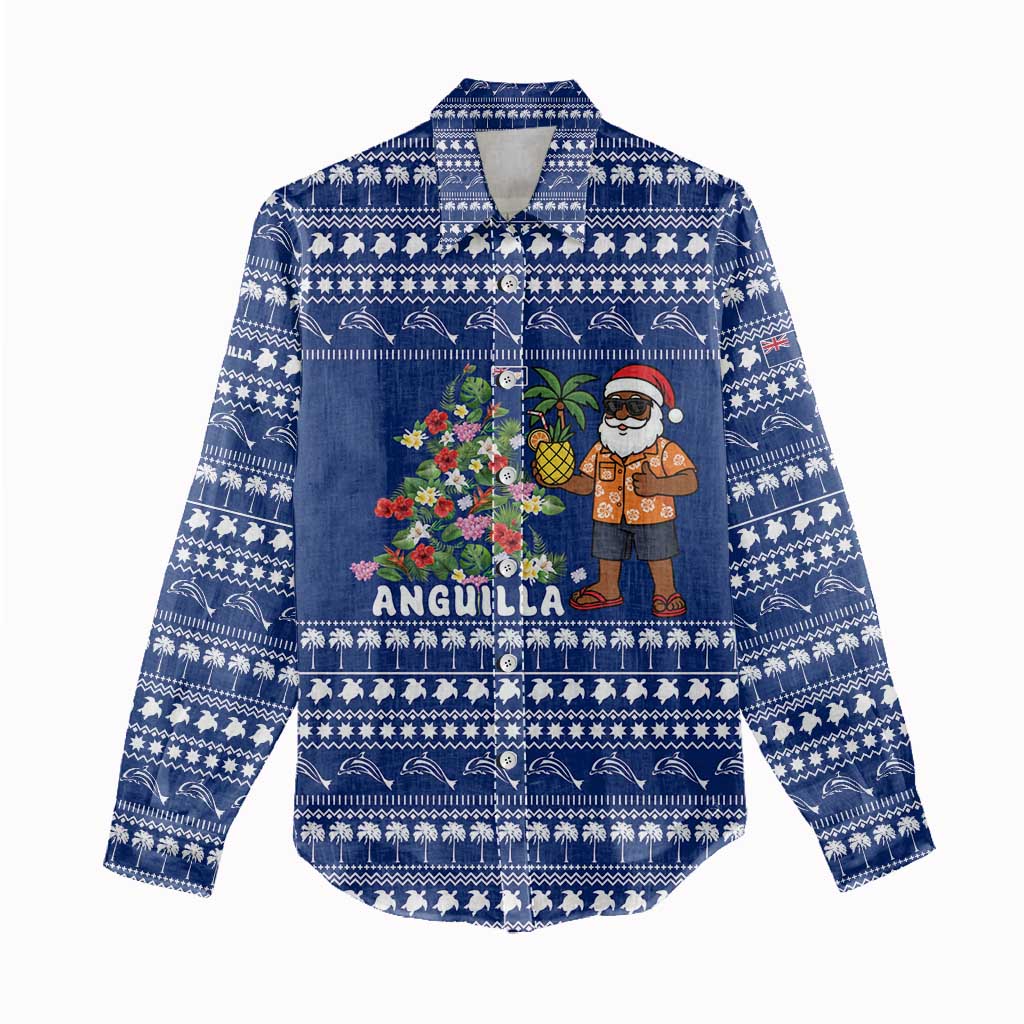 Anguilla Christmas Women Casual Shirt with Santa Pineapple Floral Tree Island Crest and Tropical Pattern Design - Wonder Print Shop