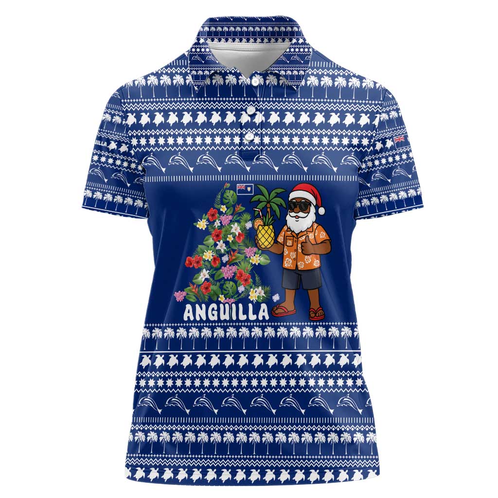 Anguilla Christmas Women Polo Shirt with Santa Pineapple Floral Tree Island Crest and Tropical Pattern Design - Wonder Print Shop
