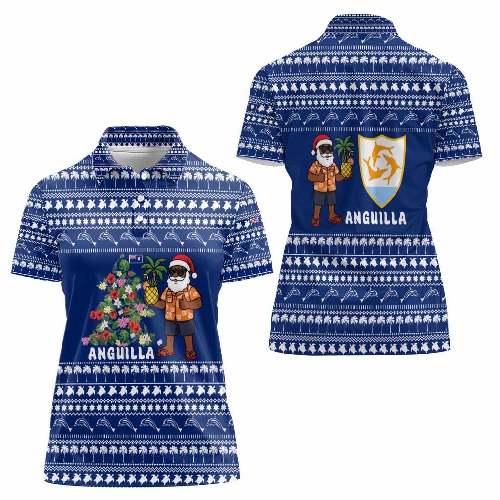 Anguilla Christmas Women Polo Shirt with Santa Pineapple Floral Tree Island Crest and Tropical Pattern Design - Wonder Print Shop