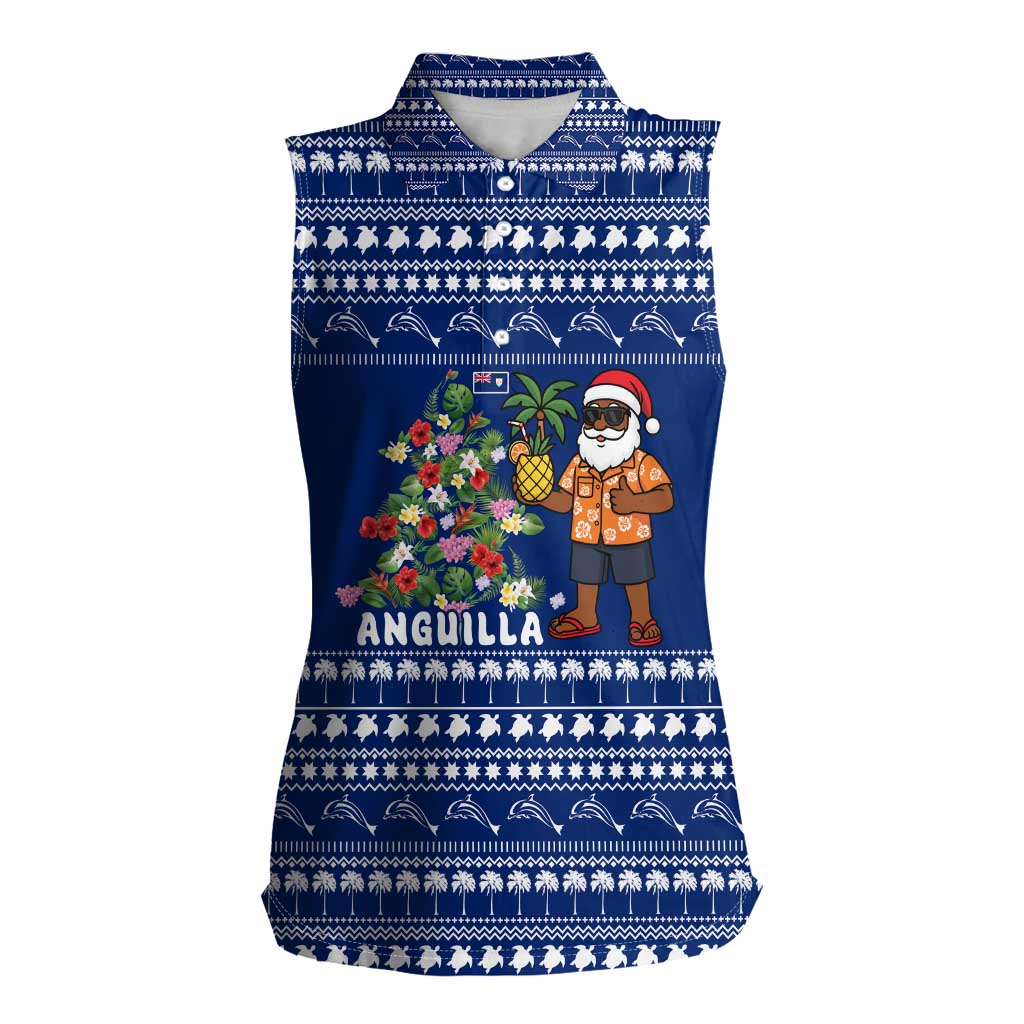 Anguilla Christmas Women Sleeveless Polo Shirt with Santa Pineapple Floral Tree Island Crest and Tropical Pattern Design - Wonder Print Shop