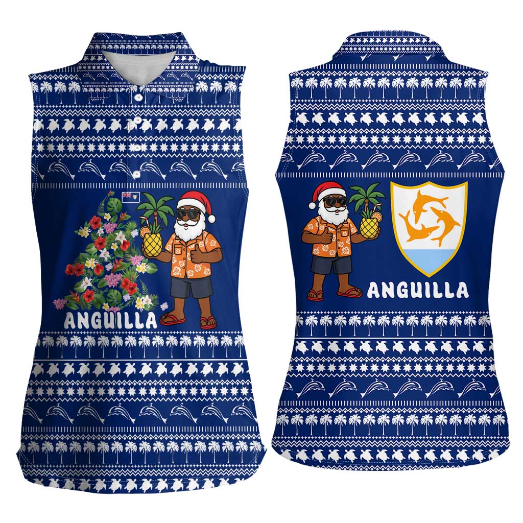 Anguilla Christmas Women Sleeveless Polo Shirt with Santa Pineapple Floral Tree Island Crest and Tropical Pattern Design - Wonder Print Shop