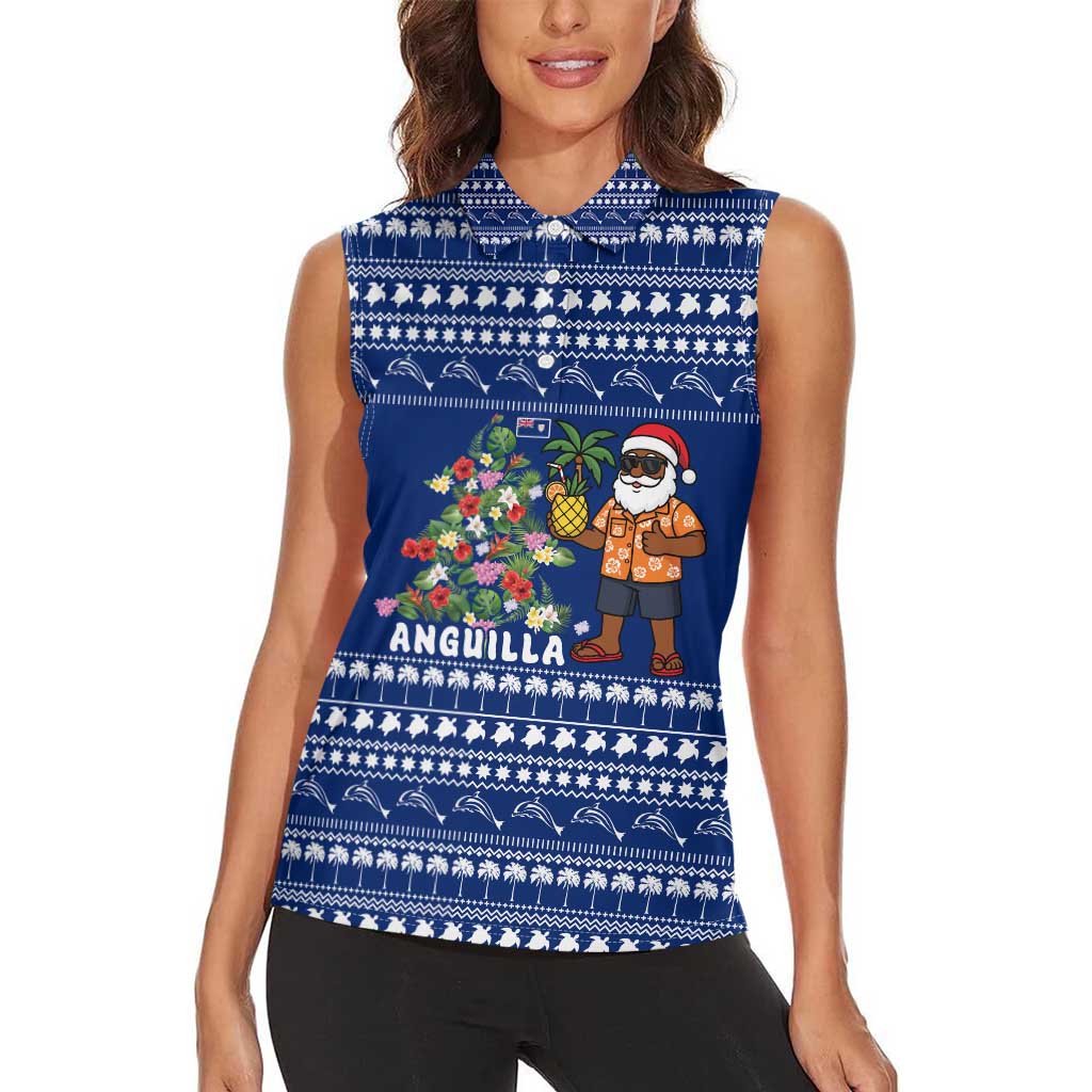 Anguilla Christmas Women Sleeveless Polo Shirt with Santa Pineapple Floral Tree Island Crest and Tropical Pattern Design - Wonder Print Shop