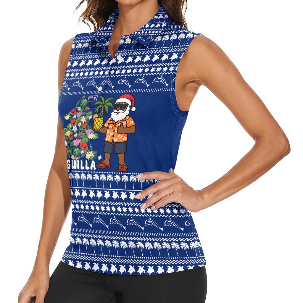 Anguilla Christmas Women Sleeveless Polo Shirt with Santa Pineapple Floral Tree Island Crest and Tropical Pattern Design - Wonder Print Shop