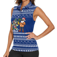 Anguilla Christmas Women Sleeveless Polo Shirt with Santa Pineapple Floral Tree Island Crest and Tropical Pattern Design - Wonder Print Shop