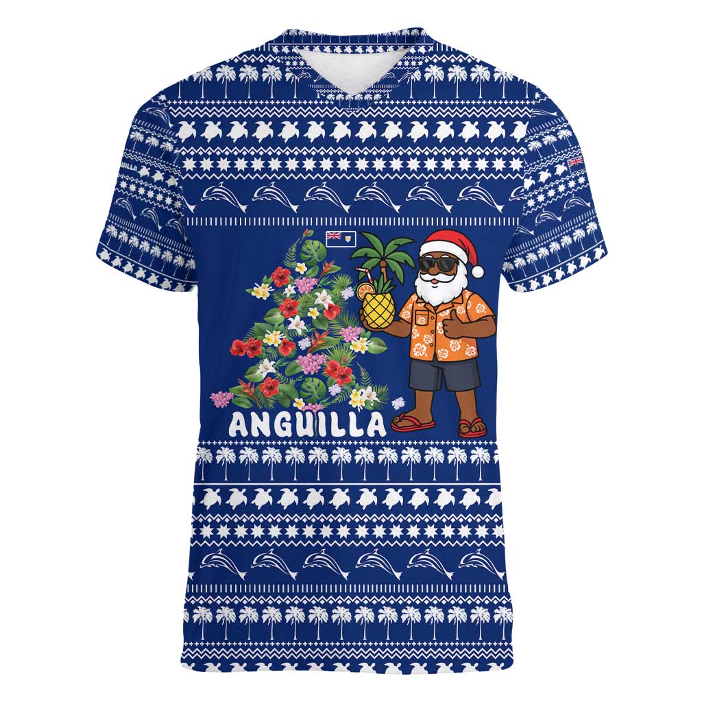 Anguilla Christmas Women V-Neck T-Shirt with Santa Pineapple Floral Tree Island Crest and Tropical Pattern Design - Wonder Print Shop