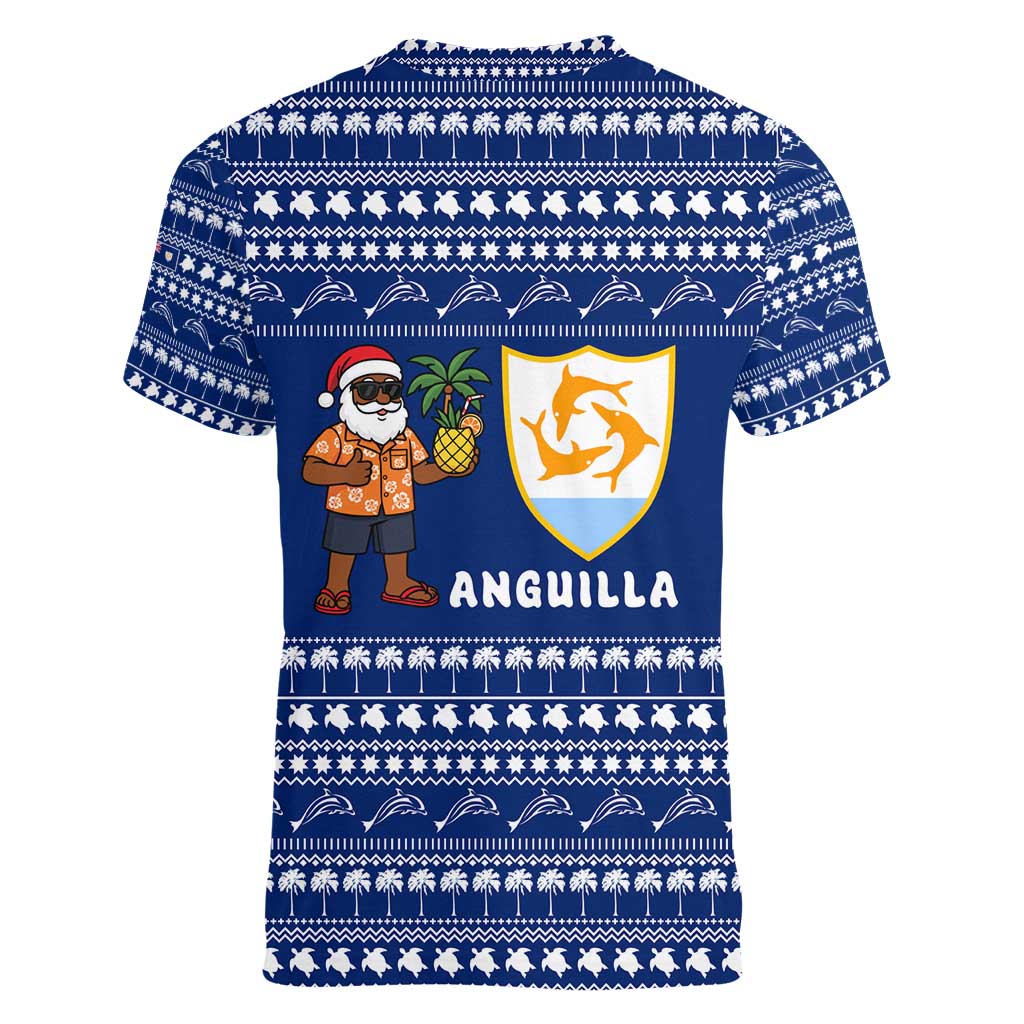 Anguilla Christmas Women V-Neck T-Shirt with Santa Pineapple Floral Tree Island Crest and Tropical Pattern Design - Wonder Print Shop
