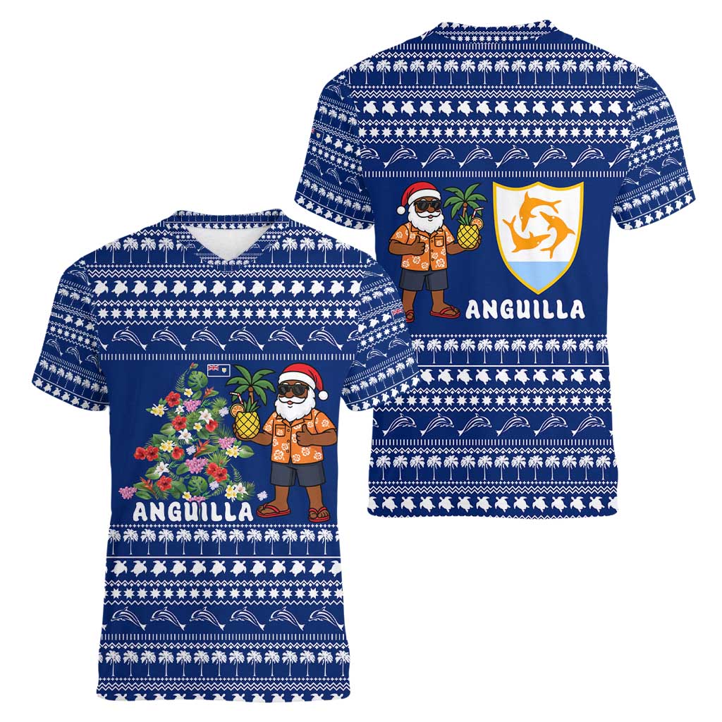 Anguilla Christmas Women V-Neck T-Shirt with Santa Pineapple Floral Tree Island Crest and Tropical Pattern Design - Wonder Print Shop