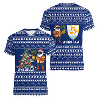Anguilla Christmas Women V-Neck T-Shirt with Santa Pineapple Floral Tree Island Crest and Tropical Pattern Design - Wonder Print Shop