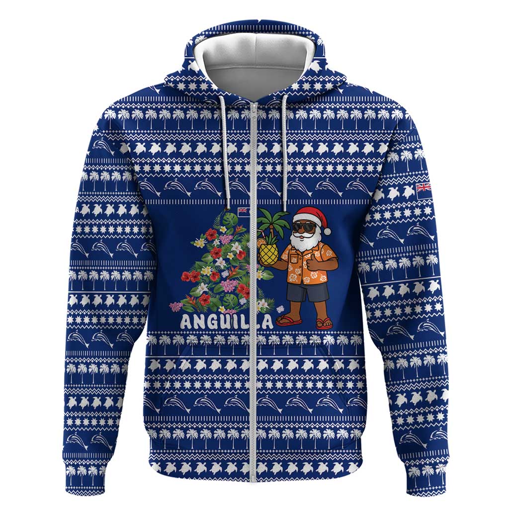 Anguilla Christmas Zip Hoodie with Santa Pineapple Floral Tree Island Crest and Tropical Pattern Design - Wonder Print Shop