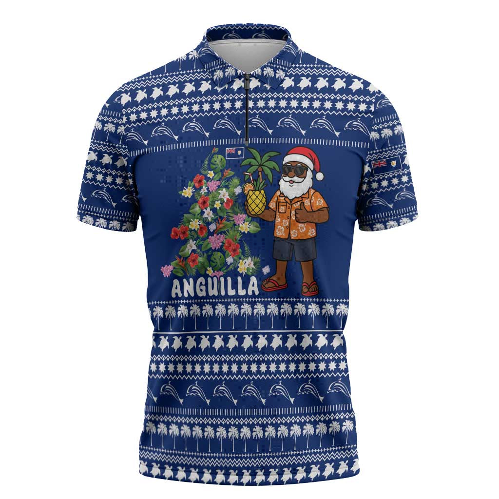 Anguilla Christmas Zipper Polo Shirt with Santa Pineapple Floral Tree Island Crest and Tropical Pattern Design - Wonder Print Shop