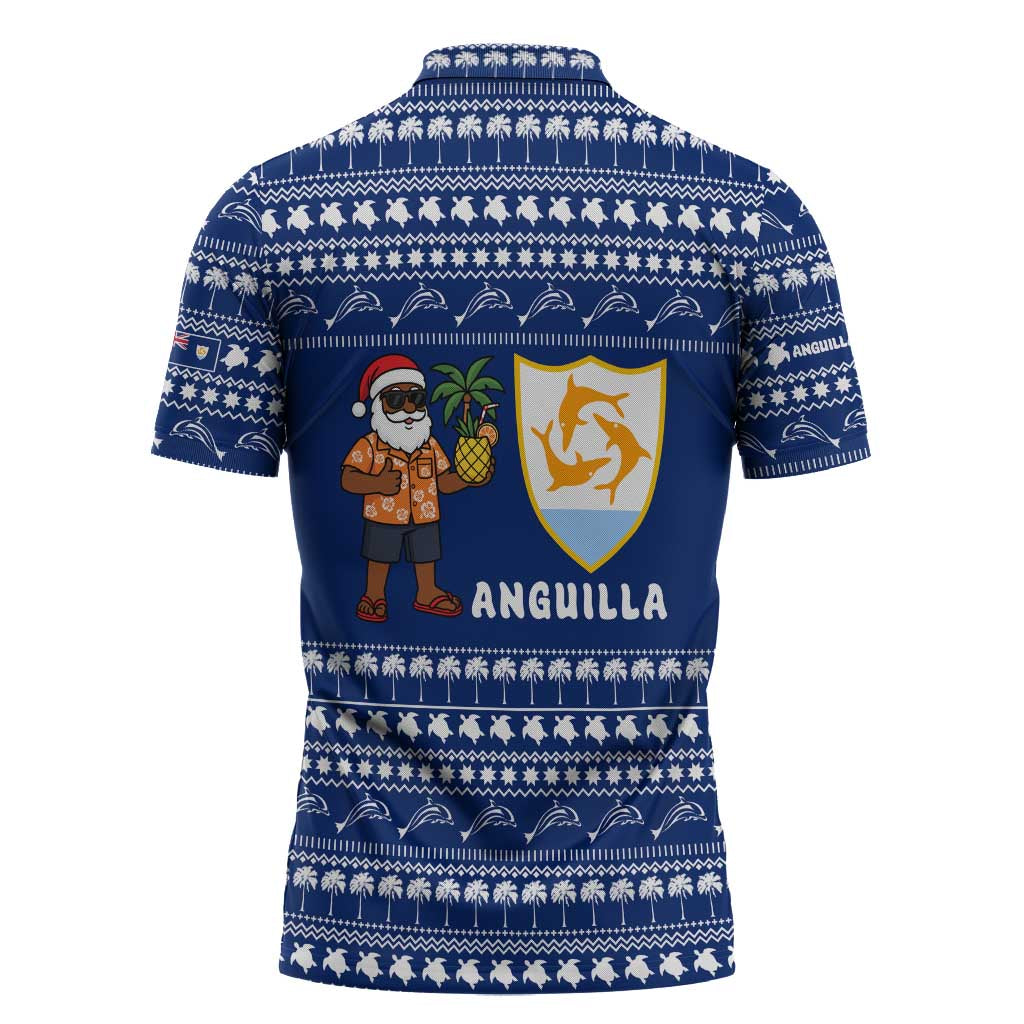 Anguilla Christmas Zipper Polo Shirt with Santa Pineapple Floral Tree Island Crest and Tropical Pattern Design - Wonder Print Shop
