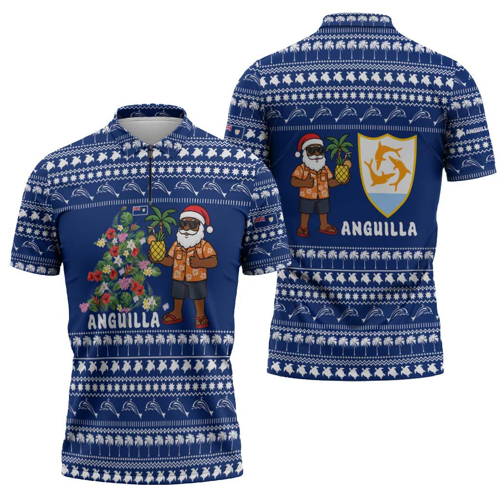 Anguilla Christmas Zipper Polo Shirt with Santa Pineapple Floral Tree Island Crest and Tropical Pattern Design - Wonder Print Shop