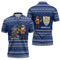 Anguilla Christmas Zipper Polo Shirt with Santa Pineapple Floral Tree Island Crest and Tropical Pattern Design - Wonder Print Shop