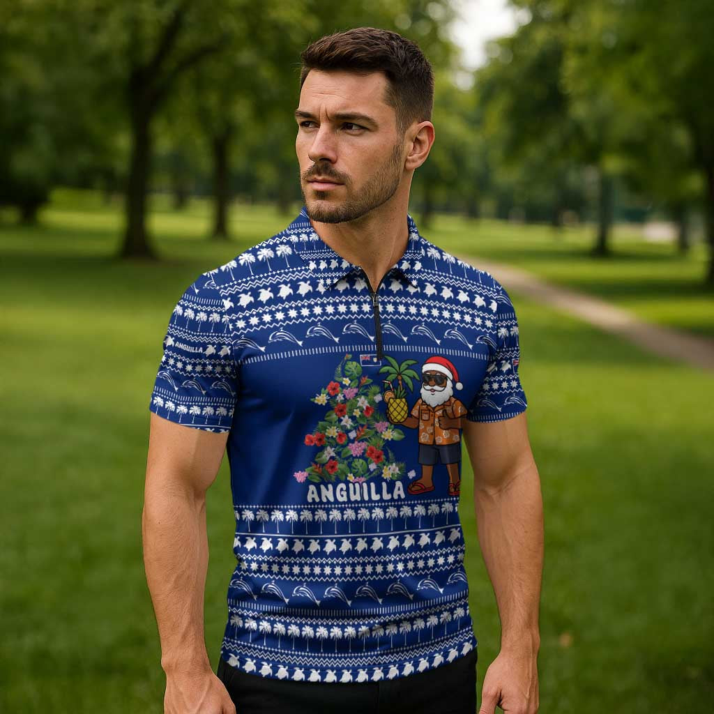 Anguilla Christmas Zipper Polo Shirt with Santa Pineapple Floral Tree Island Crest and Tropical Pattern Design - Wonder Print Shop