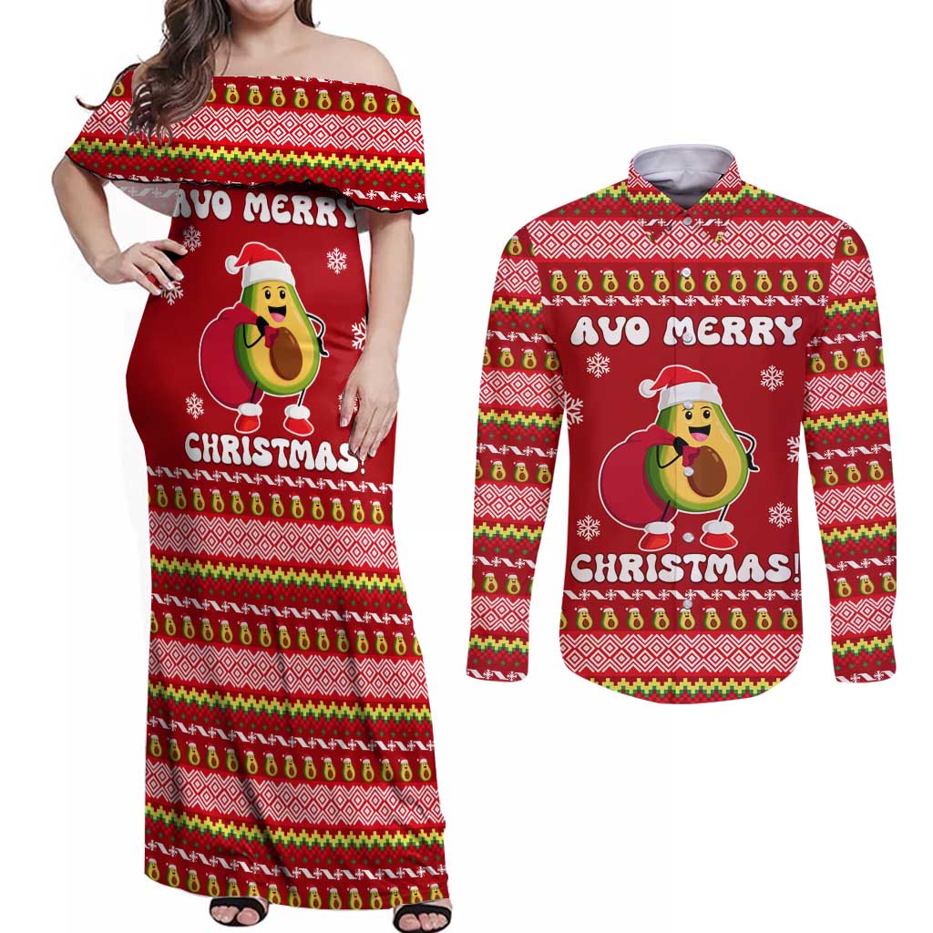 Avo Merry Christmas Couples Matching Off Shoulder Maxi Dress and Long Sleeve Button Shirt Xmas Holiday Patterns - Wonder Print Shop