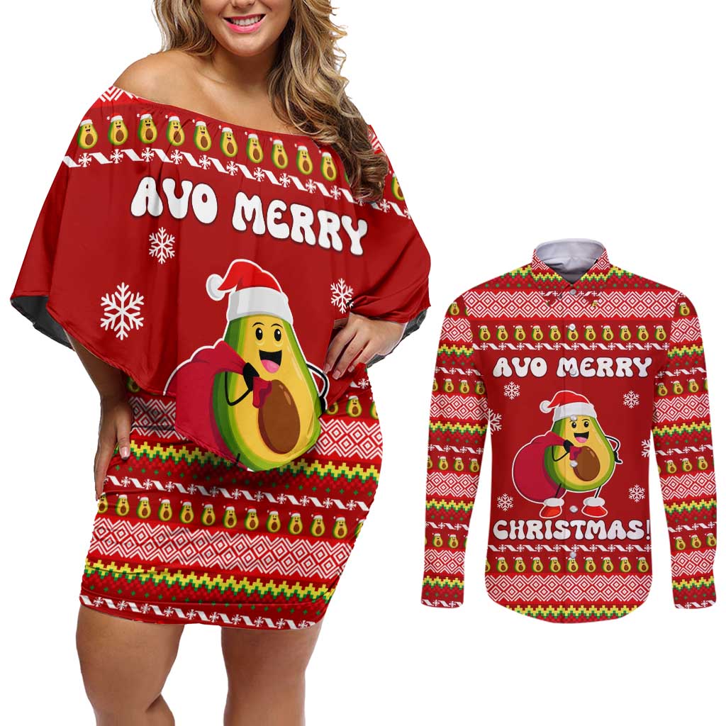 Avo Merry Christmas Couples Matching Off Shoulder Short Dress and Long Sleeve Button Shirt Xmas Holiday Patterns - Wonder Print Shop