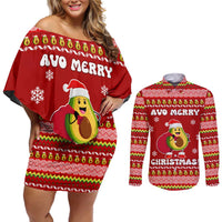 Avo Merry Christmas Couples Matching Off Shoulder Short Dress and Long Sleeve Button Shirt Xmas Holiday Patterns - Wonder Print Shop
