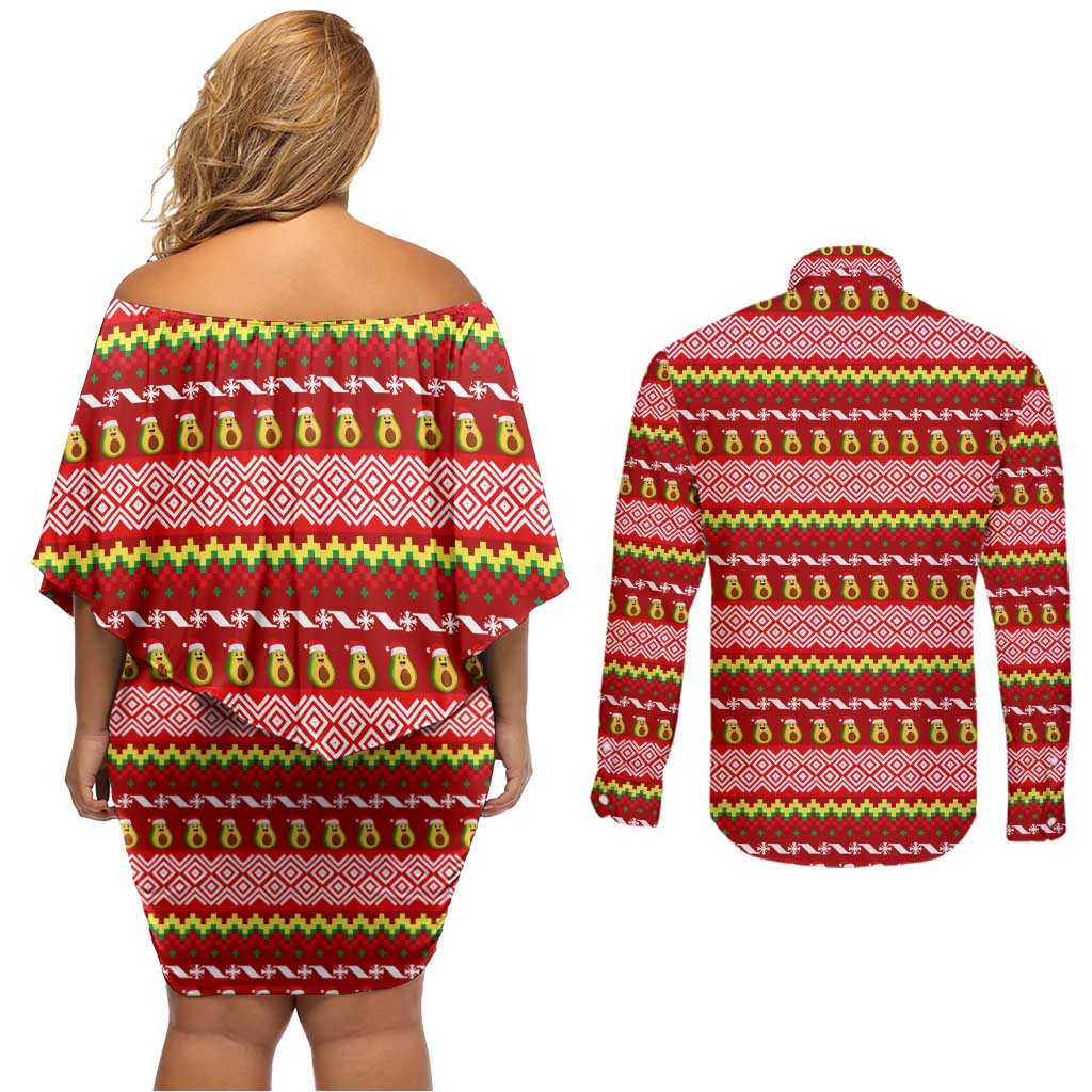 Avo Merry Christmas Couples Matching Off Shoulder Short Dress and Long Sleeve Button Shirt Xmas Holiday Patterns - Wonder Print Shop