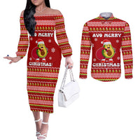 Avo Merry Christmas Couples Matching Off The Shoulder Long Sleeve Dress and Long Sleeve Button Shirt Xmas Holiday Patterns - Wonder Print Shop