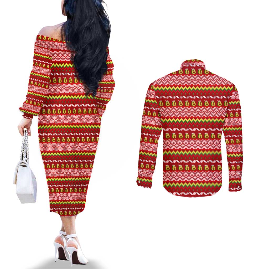 Avo Merry Christmas Couples Matching Off The Shoulder Long Sleeve Dress and Long Sleeve Button Shirt Xmas Holiday Patterns - Wonder Print Shop