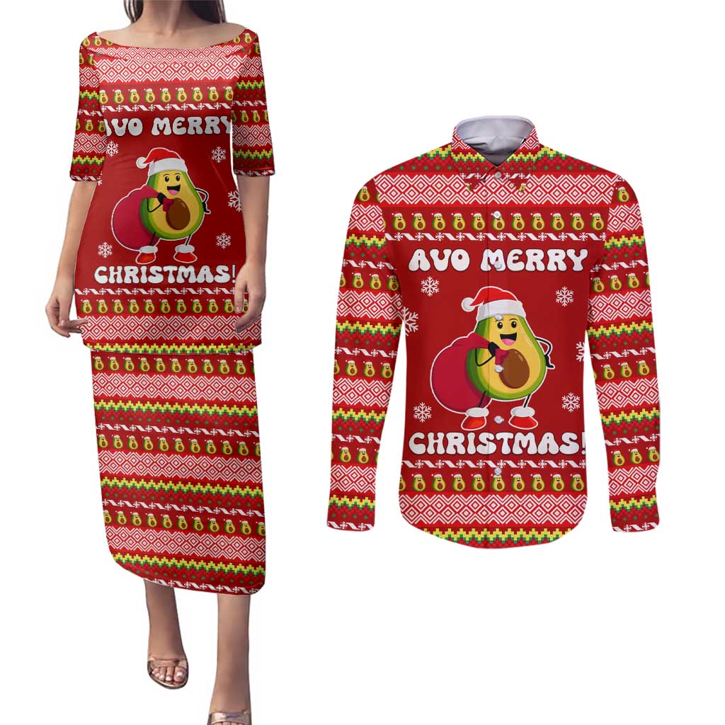 Avo Merry Christmas Couples Matching Puletasi and Long Sleeve Button Shirt Xmas Holiday Patterns - Wonder Print Shop