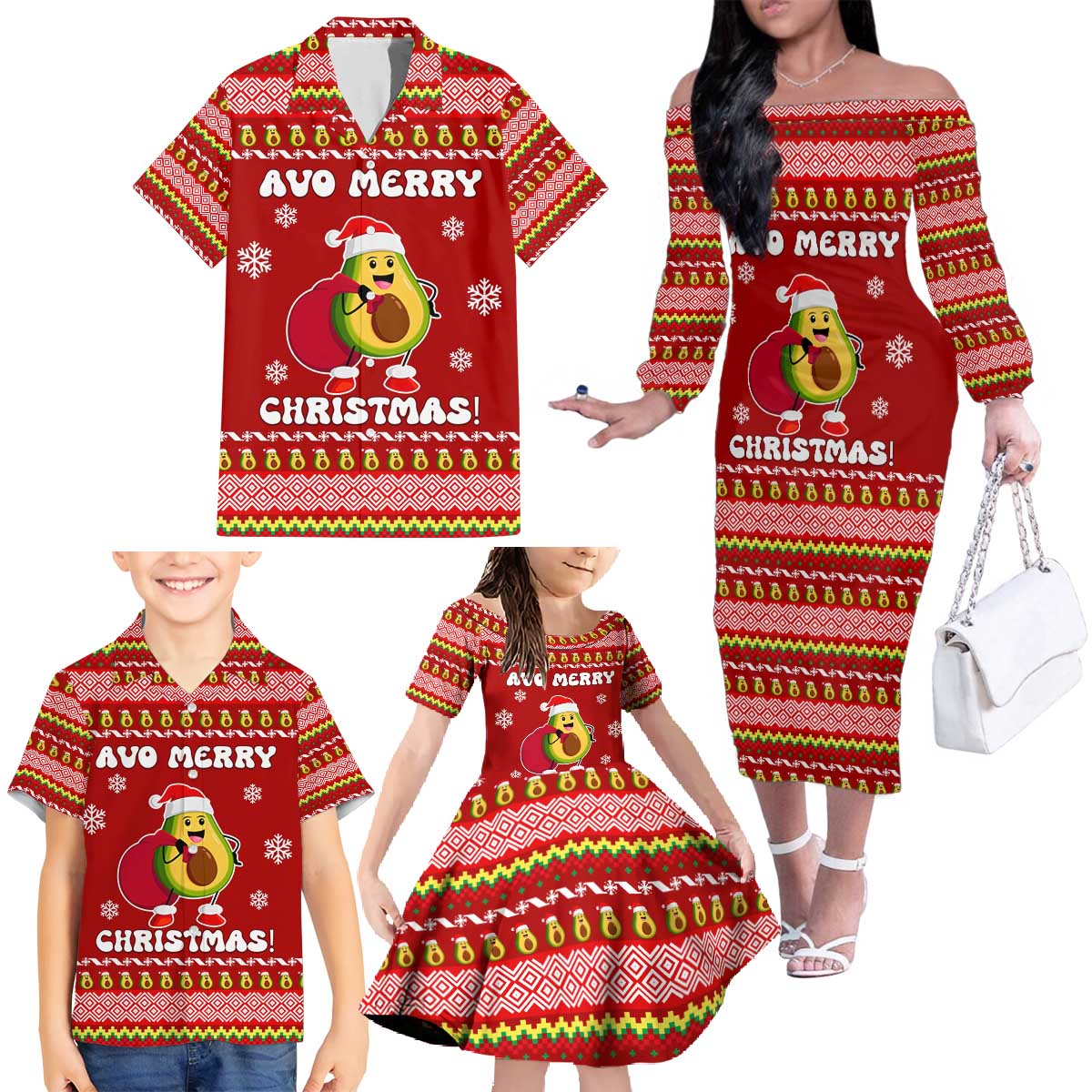 Avo Merry Christmas Family Matching Off The Shoulder Long Sleeve Dress and Hawaiian Shirt Xmas Holiday Patterns - Wonder Print Shop