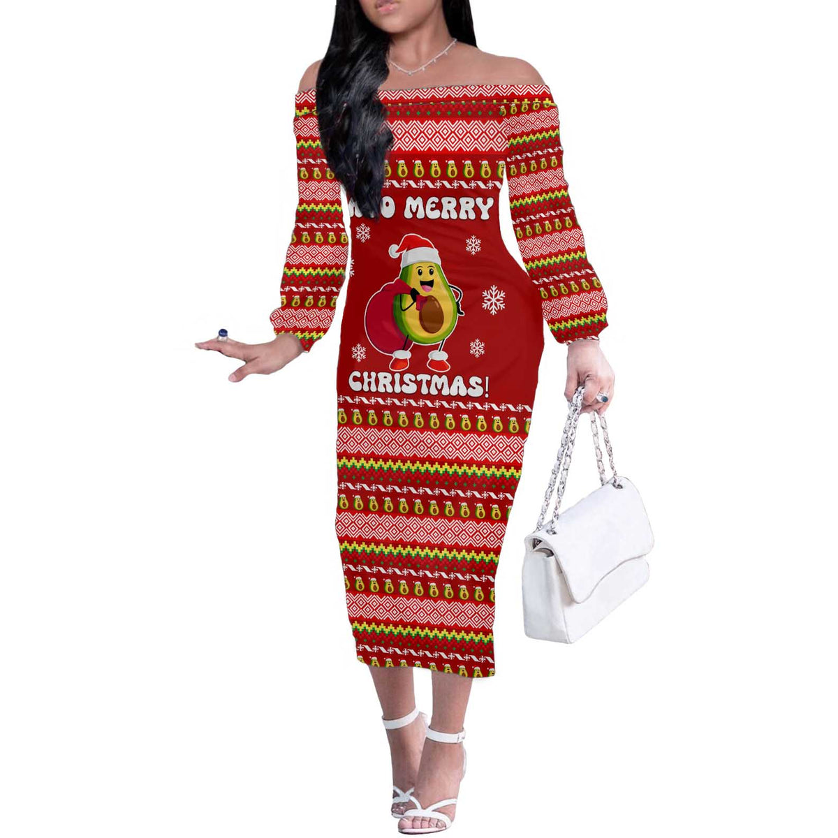 Avo Merry Christmas Off The Shoulder Long Sleeve Dress Xmas Holiday Patterns - Wonder Print Shop