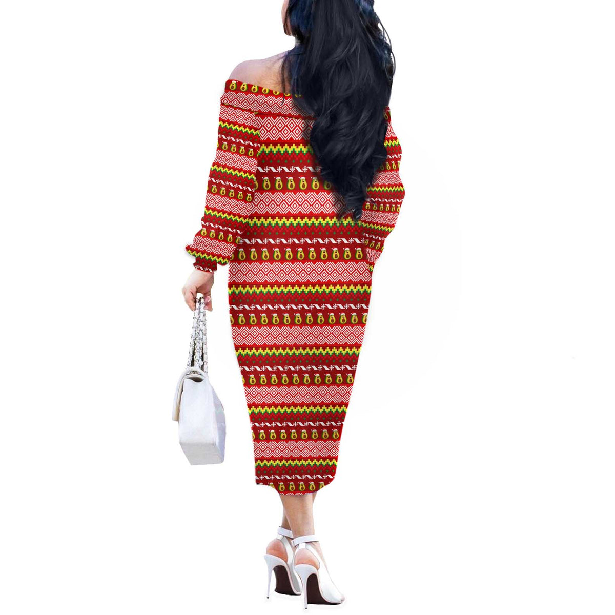 Avo Merry Christmas Off The Shoulder Long Sleeve Dress Xmas Holiday Patterns - Wonder Print Shop