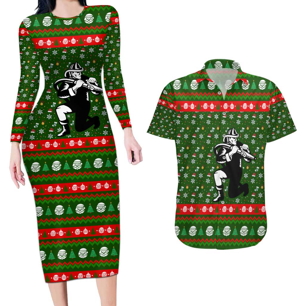 Awesome Firefighter Christmas Couples Matching Long Sleeve Bodycon Dress and Hawaiian Shirt Xmas Holiday Patterns - Wonder Print Shop