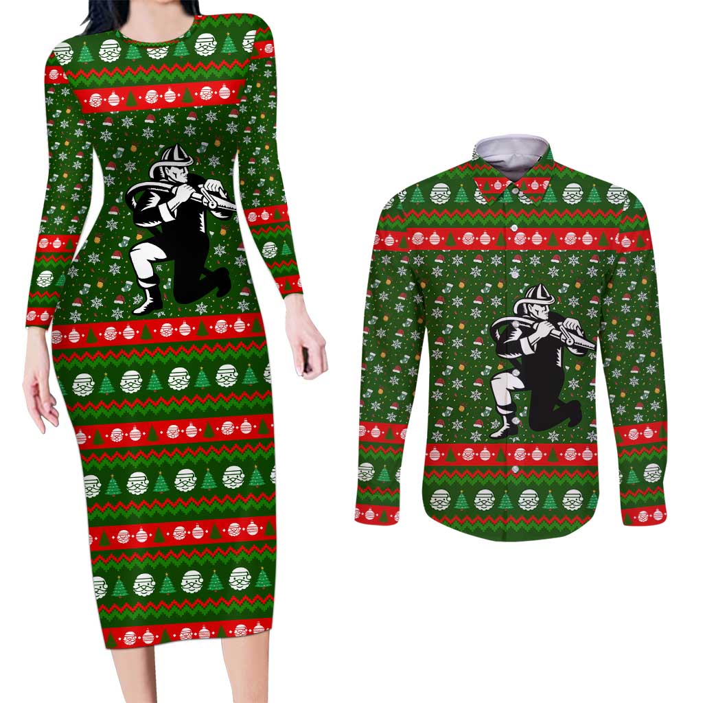 Awesome Firefighter Christmas Couples Matching Long Sleeve Bodycon Dress and Long Sleeve Button Shirt Xmas Holiday Patterns - Wonder Print Shop