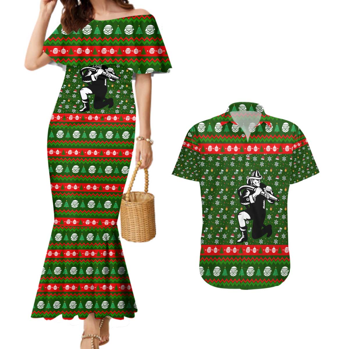 Awesome Firefighter Christmas Couples Matching Mermaid Dress and Hawaiian Shirt Xmas Holiday Patterns - Wonder Print Shop