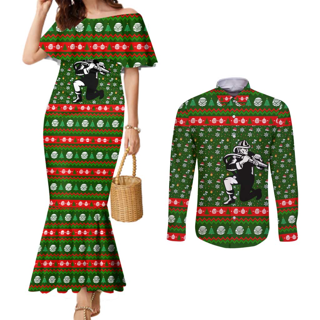 Awesome Firefighter Christmas Couples Matching Mermaid Dress and Long Sleeve Button Shirt Xmas Holiday Patterns - Wonder Print Shop