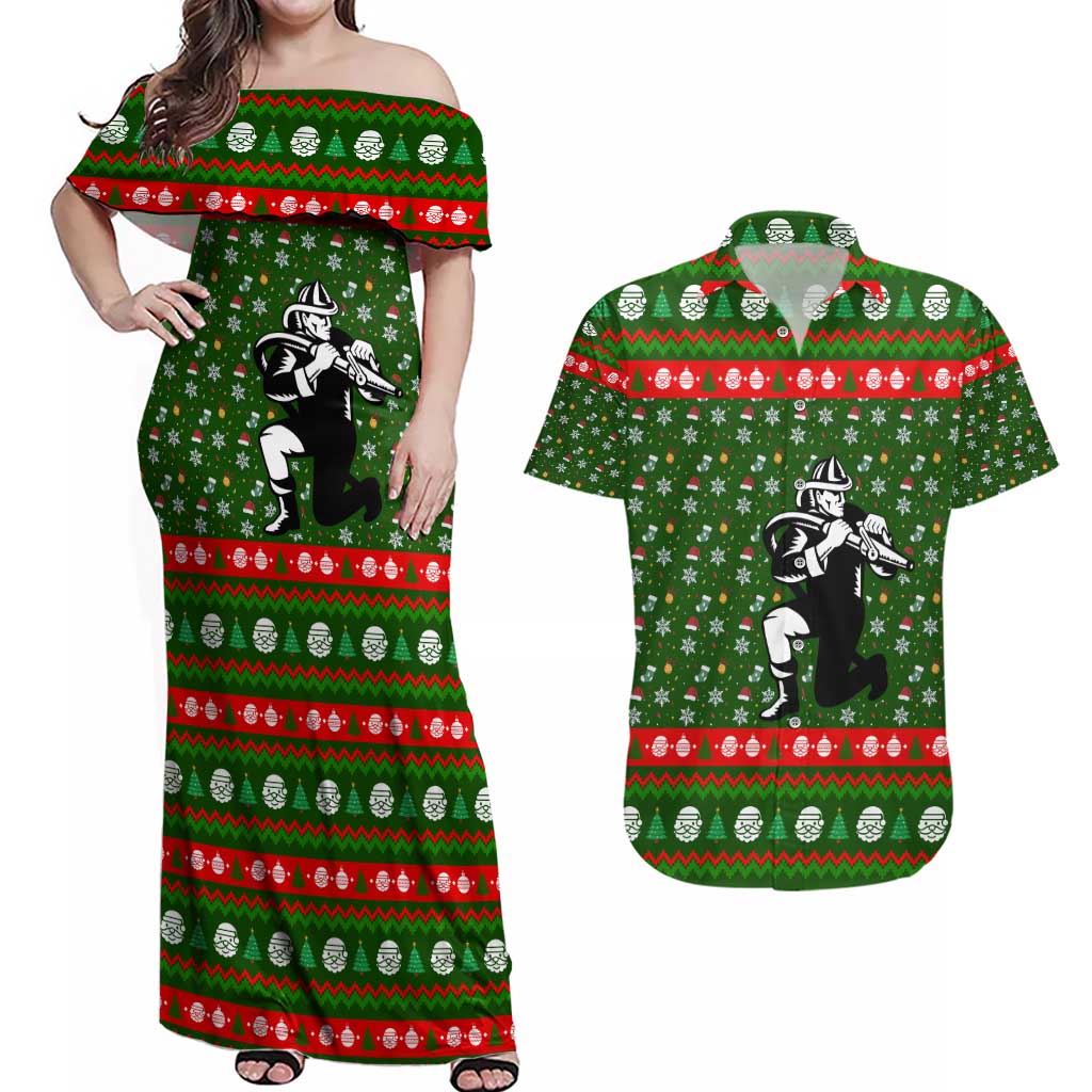 Awesome Firefighter Christmas Couples Matching Off Shoulder Maxi Dress and Hawaiian Shirt Xmas Holiday Patterns - Wonder Print Shop