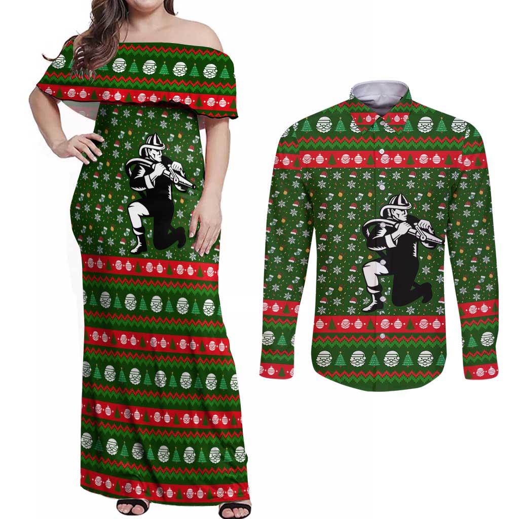 Awesome Firefighter Christmas Couples Matching Off Shoulder Maxi Dress and Long Sleeve Button Shirt Xmas Holiday Patterns - Wonder Print Shop