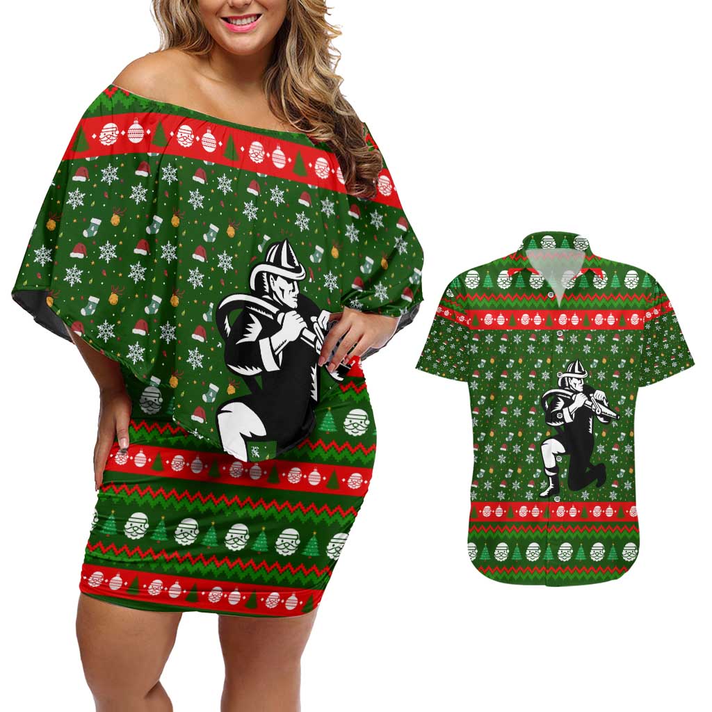 Awesome Firefighter Christmas Couples Matching Off Shoulder Short Dress and Hawaiian Shirt Xmas Holiday Patterns - Wonder Print Shop