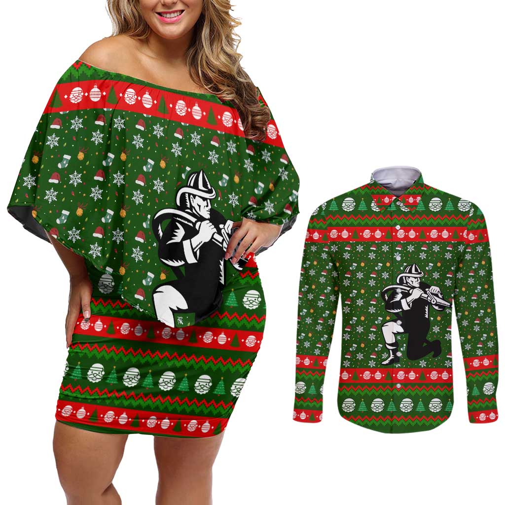 Awesome Firefighter Christmas Couples Matching Off Shoulder Short Dress and Long Sleeve Button Shirt Xmas Holiday Patterns - Wonder Print Shop