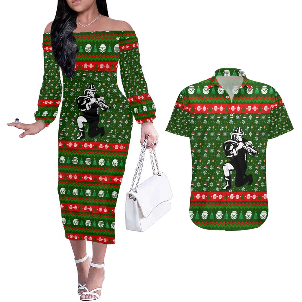 Awesome Firefighter Christmas Couples Matching Off The Shoulder Long Sleeve Dress and Hawaiian Shirt Xmas Holiday Patterns - Wonder Print Shop