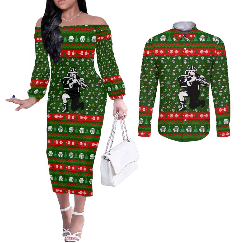 Awesome Firefighter Christmas Couples Matching Off The Shoulder Long Sleeve Dress and Long Sleeve Button Shirt Xmas Holiday Patterns - Wonder Print Shop