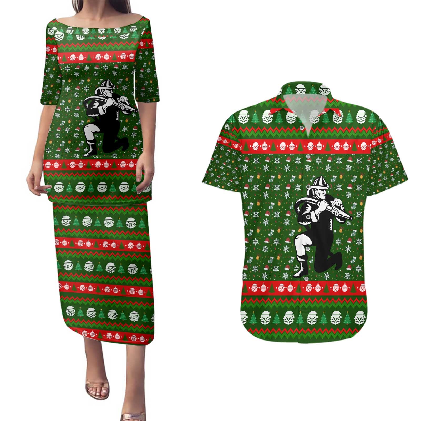 Awesome Firefighter Christmas Couples Matching Puletasi and Hawaiian Shirt Xmas Holiday Patterns - Wonder Print Shop