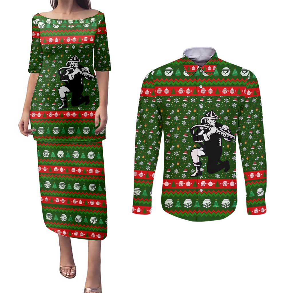 Awesome Firefighter Christmas Couples Matching Puletasi and Long Sleeve Button Shirt Xmas Holiday Patterns - Wonder Print Shop