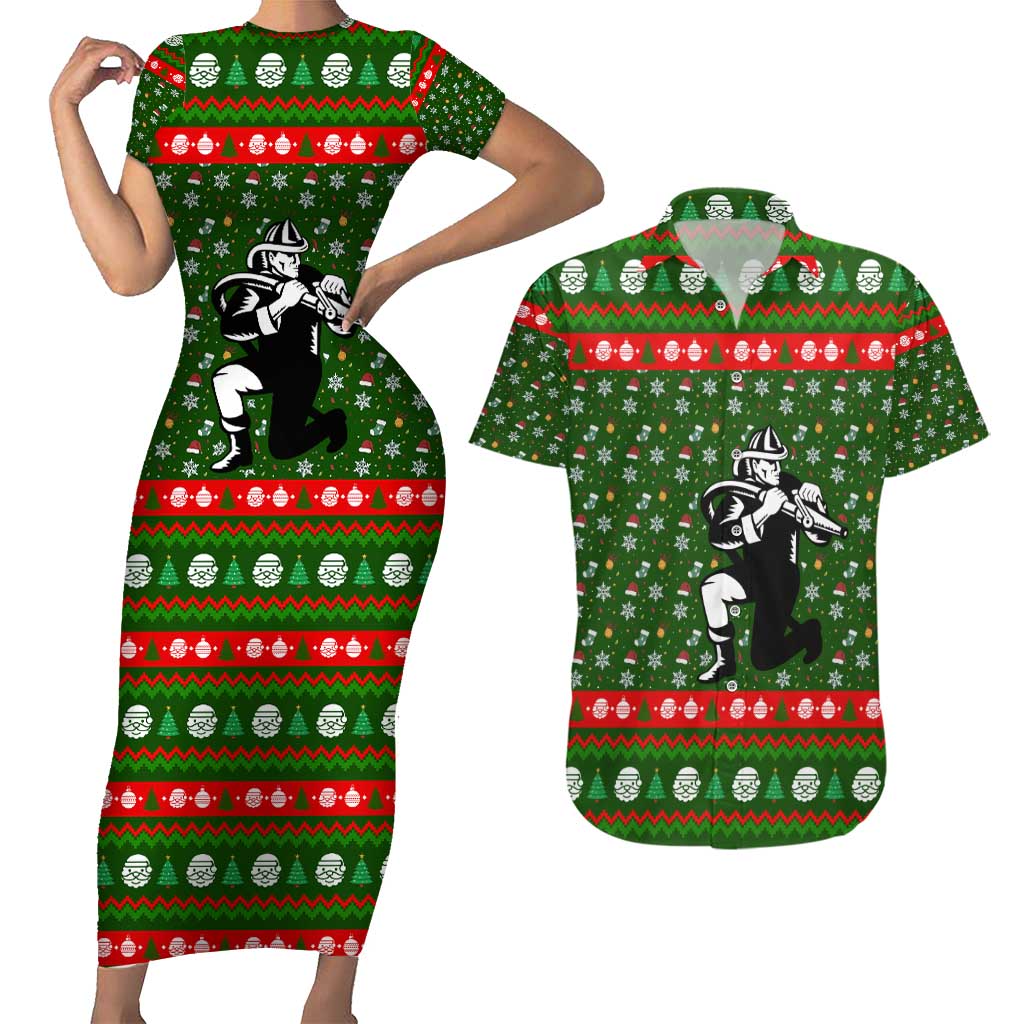 Awesome Firefighter Christmas Couples Matching Short Sleeve Bodycon Dress and Hawaiian Shirt Xmas Holiday Patterns - Wonder Print Shop