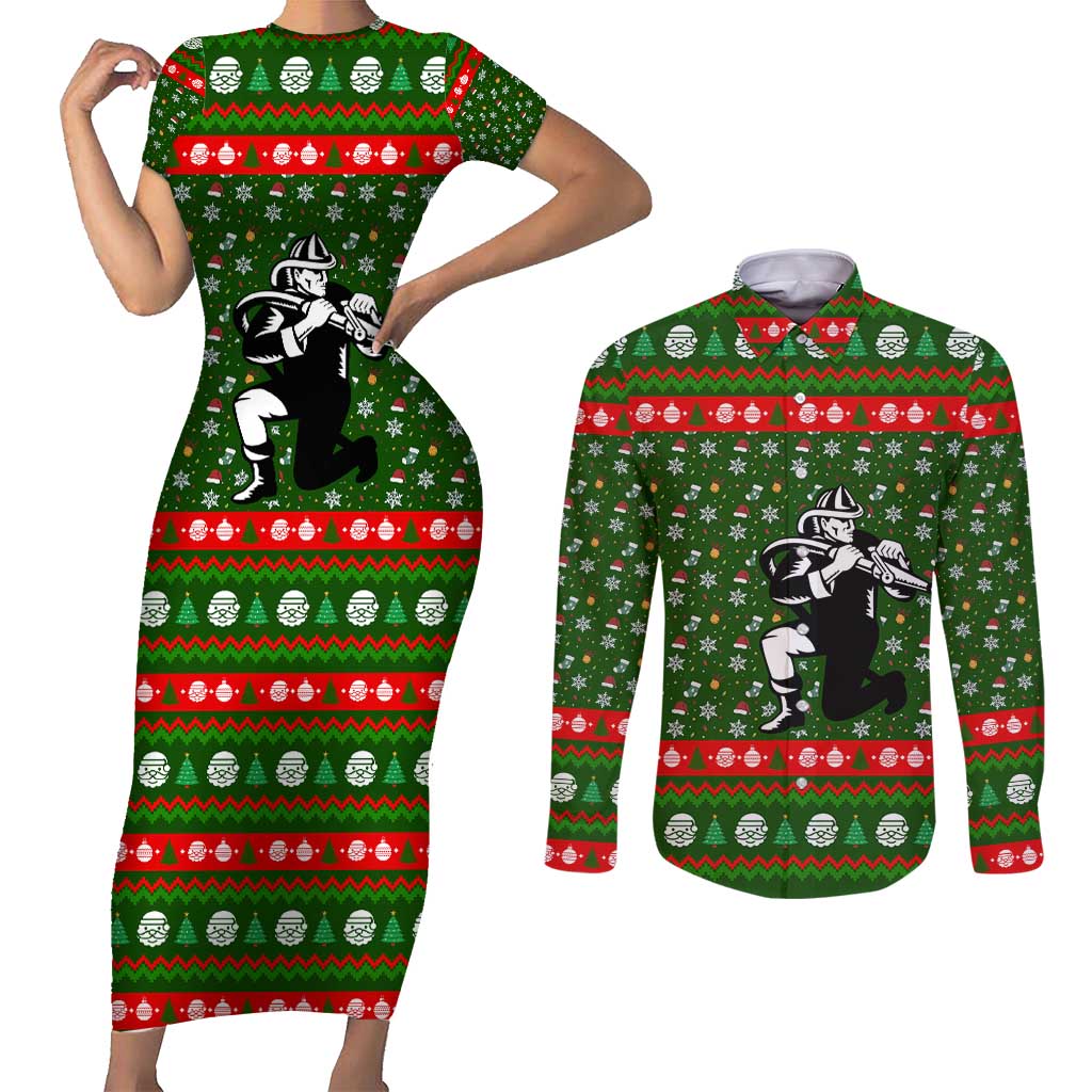 Awesome Firefighter Christmas Couples Matching Short Sleeve Bodycon Dress and Long Sleeve Button Shirt Xmas Holiday Patterns - Wonder Print Shop