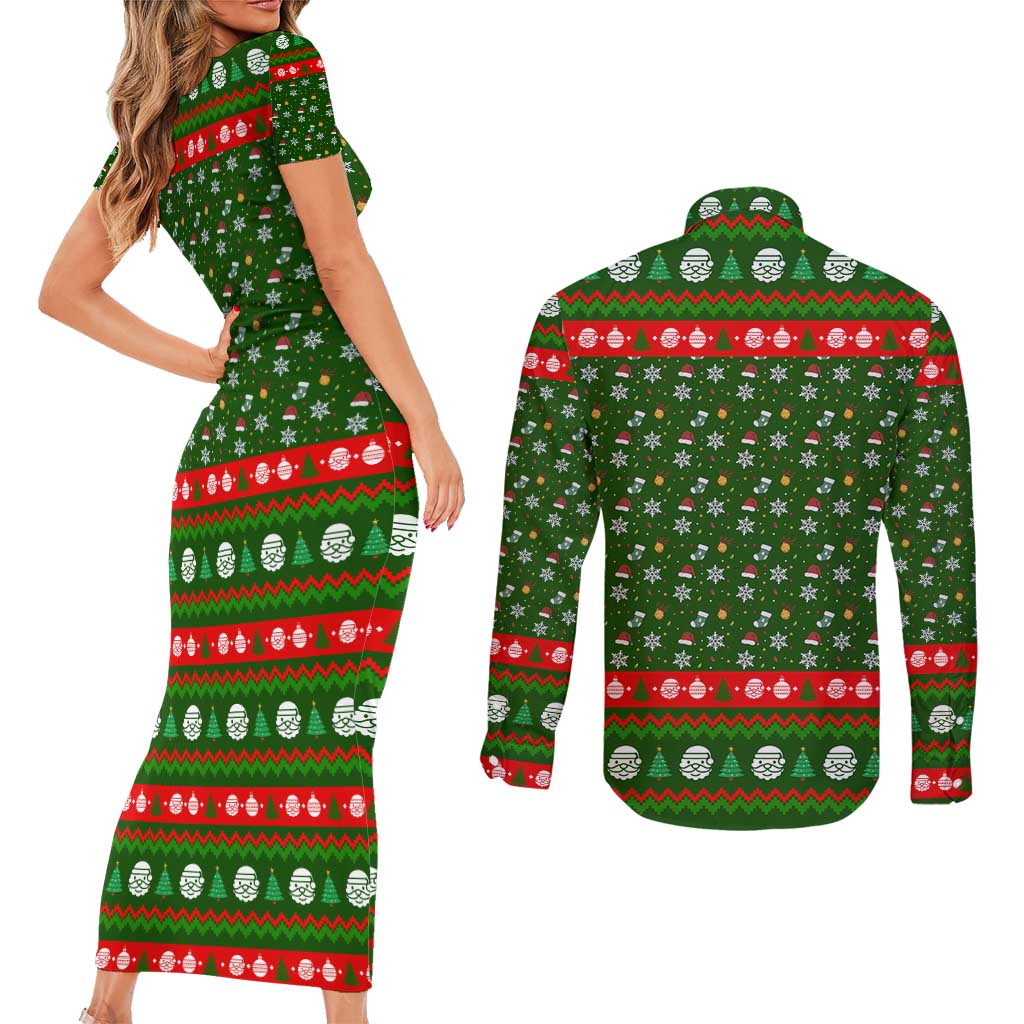 Awesome Firefighter Christmas Couples Matching Short Sleeve Bodycon Dress and Long Sleeve Button Shirt Xmas Holiday Patterns - Wonder Print Shop