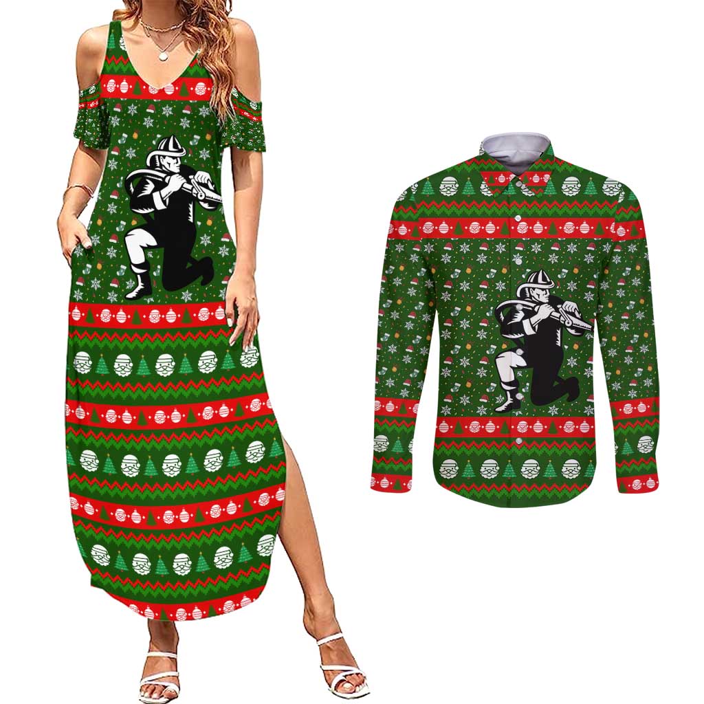 Awesome Firefighter Christmas Couples Matching Summer Maxi Dress and Long Sleeve Button Shirt Xmas Holiday Patterns - Wonder Print Shop