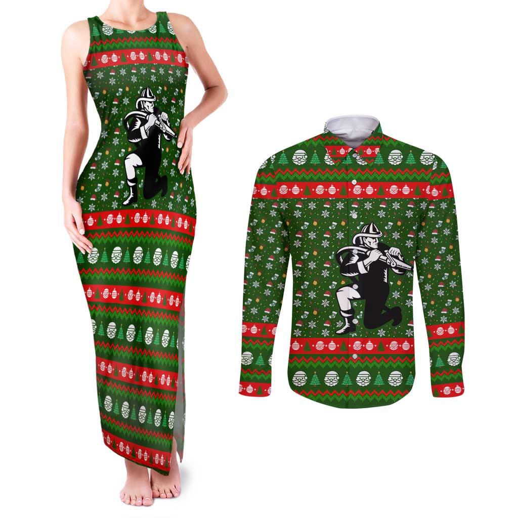 Awesome Firefighter Christmas Couples Matching Tank Maxi Dress and Long Sleeve Button Shirt Xmas Holiday Patterns - Wonder Print Shop