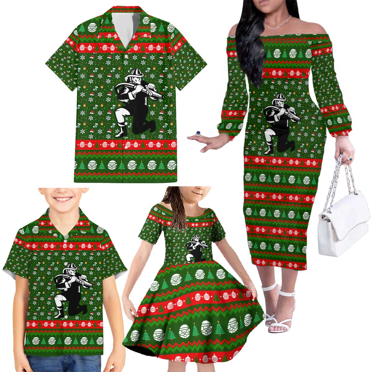 Awesome Firefighter Christmas Family Matching Off The Shoulder Long Sleeve Dress and Hawaiian Shirt Xmas Holiday Patterns - Wonder Print Shop