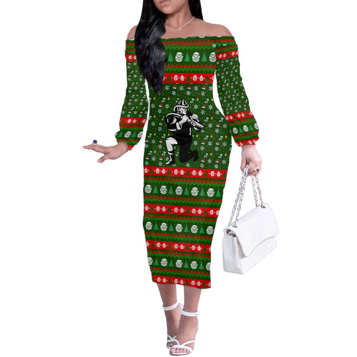 Awesome Firefighter Christmas Family Matching Off The Shoulder Long Sleeve Dress and Hawaiian Shirt Xmas Holiday Patterns - Wonder Print Shop